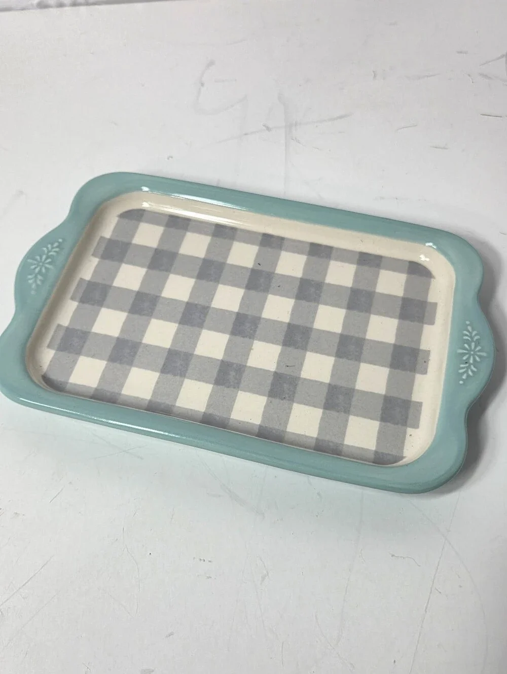 vtg pioneer women floral grey check ceramic butter dish lidded teal aqua